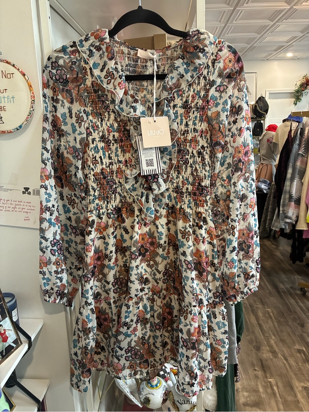 Liu Jo Cream Floral Ruffle Smocked Casual Dress NWT